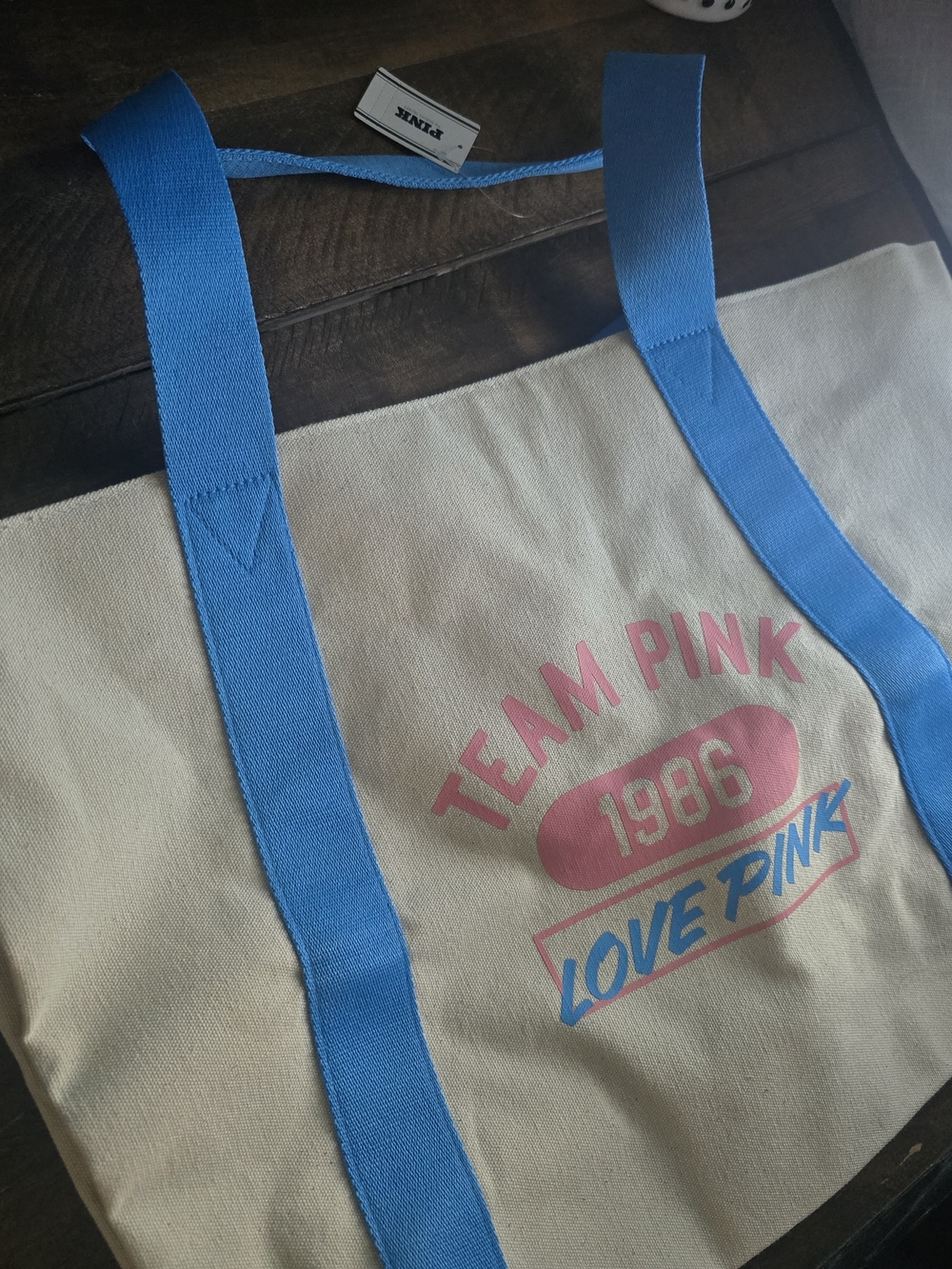 PINK Victoria's Secret Cream Canvas Tote with Blue Straps and Pink Logo